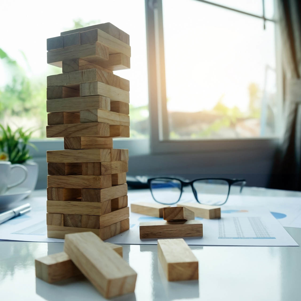 businessman gambling placing wooden block on a tower with meeting background